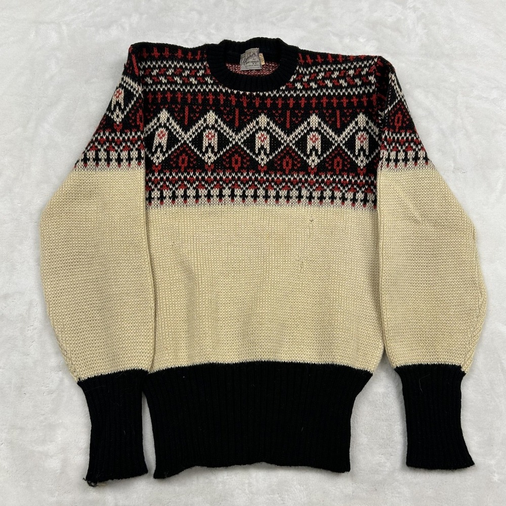 70s/80s Kandahar Sweater womans S Cream Red Nordic Fair Isle Virgin Wool Vintage